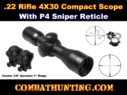 4X30 Compact P4 Sniper Scope, 3/8" Dovetail 1" Rings, Lens Caps