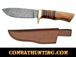 Damascus Steel Hunting Knife With Stacked Leather & Olive Wood Handle