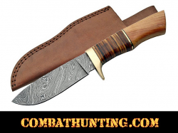 Damascus Steel Hunting Knife With Stacked Leather & Olive Wood Handle
