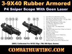 AR-15 Scope 3-9X40 Rubber Armored P4 Sniper Illuminated & Green Laser
