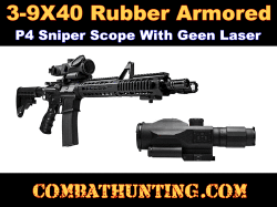 AR-15 Scope 3-9X40 Rubber Armored Mil-Dot Illuminated & Green Laser
