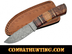 Damascus Steel Hunting Knife With Carved Rose & Olive Wood Handle 