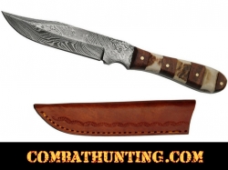 Damascus Steel Mini Hunting Knife With Stag Horn & Wood Handle