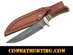 Damascus Steel Bowie Knife With Stag Horn Handle