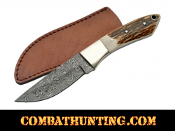 Damascus Steel Fixed Blade Knife With Stag Horn Handle