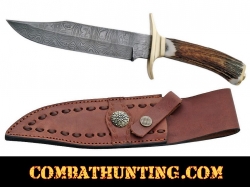 Damascus Steel Bowie Hunting Knife 11" With Stag Horn Handle