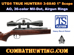 UTG TRUE HUNTER 3-9X40 1" Scope, AO, 36-color Mil-dot With Airgun Rings