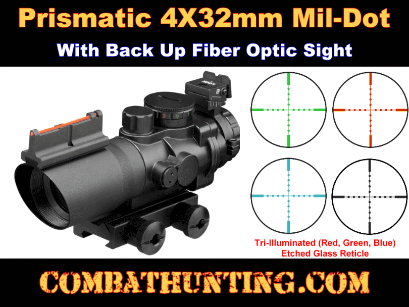 4x32 Tactical Rifle Scope Red Green Blue Illuminated Reticle With Fiber Optic Sight style=