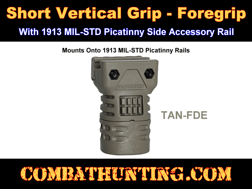 Short Vertical Grip-Foregrip Tan/FDE With Storage Picatinny style=