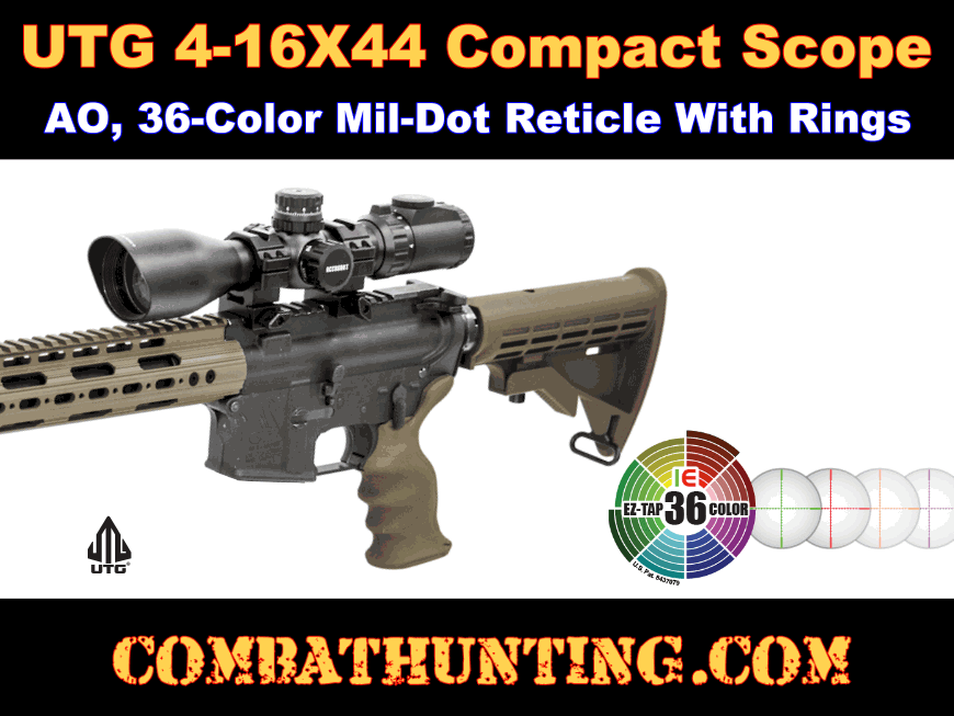 UTG 4-16X44 30mm Compact Scope, AO, 36-color Mil-dot, Rings style=