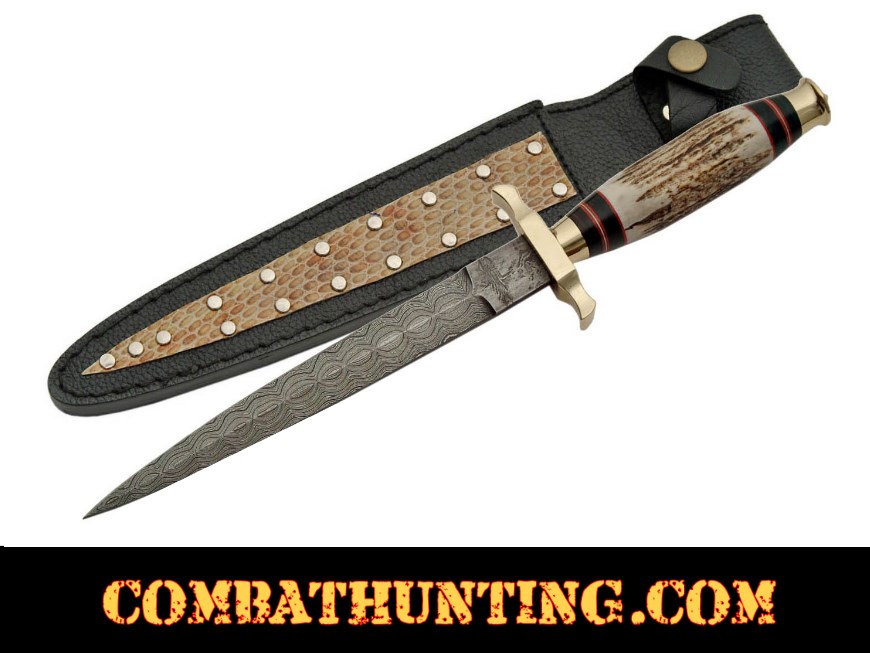 Damascus Commando Knife With Stag Horn Handle style=
