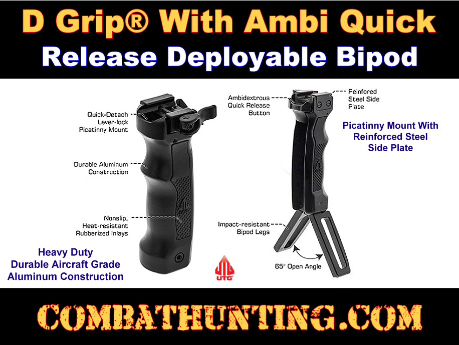 UTG Combat D Grip Quick Release Deployable Bipod style=