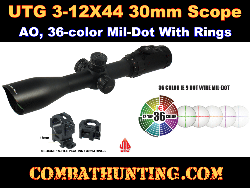UTG 3-12X44 30mm Scope, AO, 36-color Mil-dot, w/ Rings style=