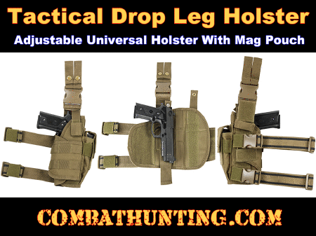 Tan Universal Drop Leg Tactical Holster With Mag Pouch