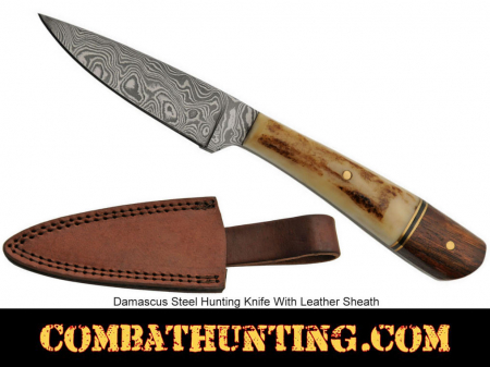 Damascus Steel Blade Hunting Knife With Leather Sheath 
